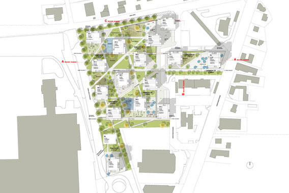 Netzwerkartig organisierte Wege verknüpfen das neue Quartier mit dem Umfeld, erhöhte Stadtterrassen auf den Dächern der Gewerbebauten erzeugen Orte der Übersicht